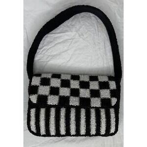 Studio 12 Beaded Purse Black White Stripe Checkered Shoulder Bag Flap
